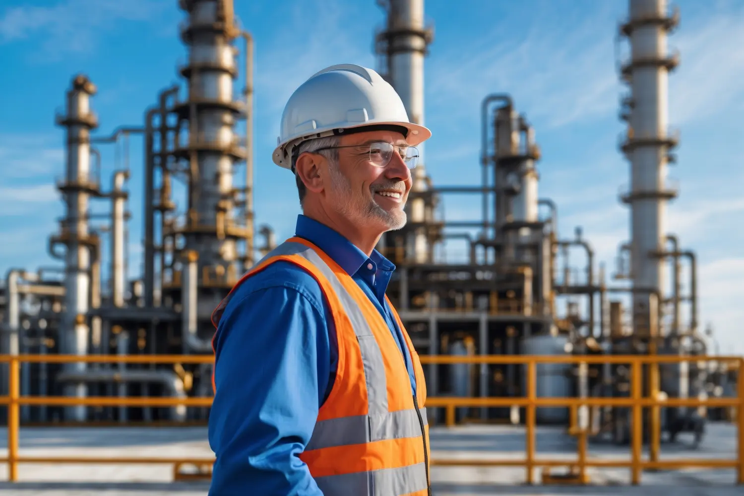 Glücklicher Petrochemieingenieur mit Erfahrung in der Ölraffinerie.