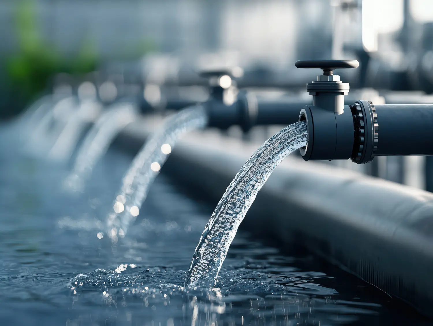 Nahaufnahme von Wasser, das aus Industrierohren in einem Filtersystem strömt. Sauberer Wasserfluss und moderne Infrastruktur werden hervorgehoben.