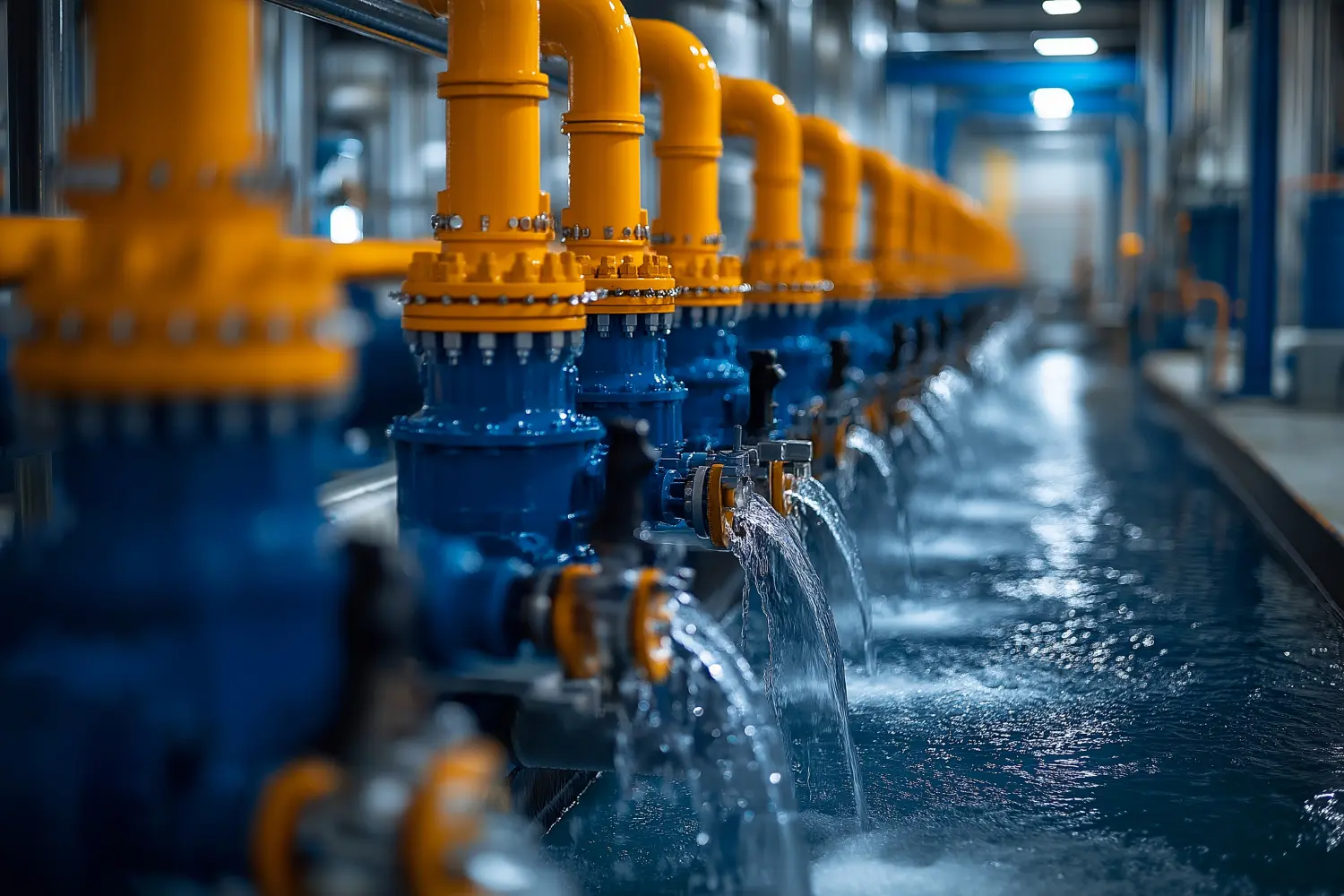 Wasser fließt aus Rohren in die Wasseraufbereitungsanlage, um das Trinkwasser der Stadt zu reinigen. Was soll man darauf schreiben?